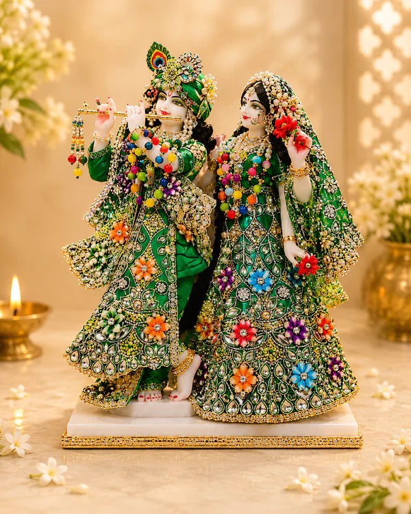 Divine Handcrafted White Marble Dust Radha Krishna Statue Set 9 Inch