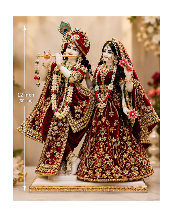 Divine Handcrafted White Marble Dust Radha Krishna Statue Set 12 Inch