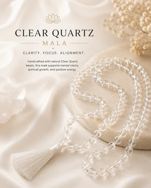 100% Natural Clear Quartz Crystal Mala (108 Beads) | Certified Sphatik Gemstone Japa Mala for Meditation, Mantra Chanting & Spiritual Practice