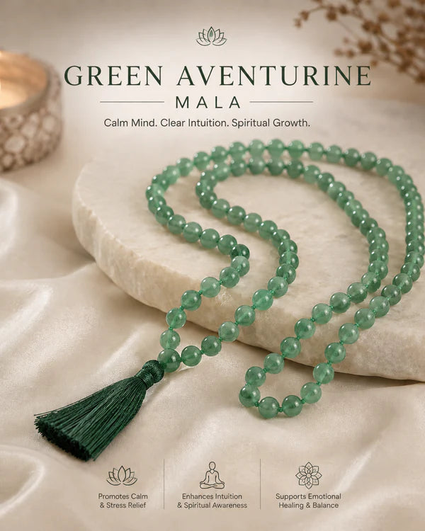 100% Natural Green Aventurine Crystal Mala (108 Beads) | Certified Gemstone Japa Mala for Meditation, Mantra Chanting & Spiritual Practice