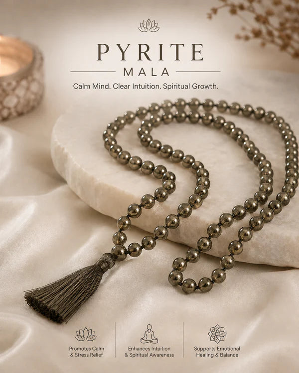 100% Natural Pyrite Crystal Mala (108 Beads) | Certified Gemstone Japa Mala for Meditation, Reiki & Spiritual Practice