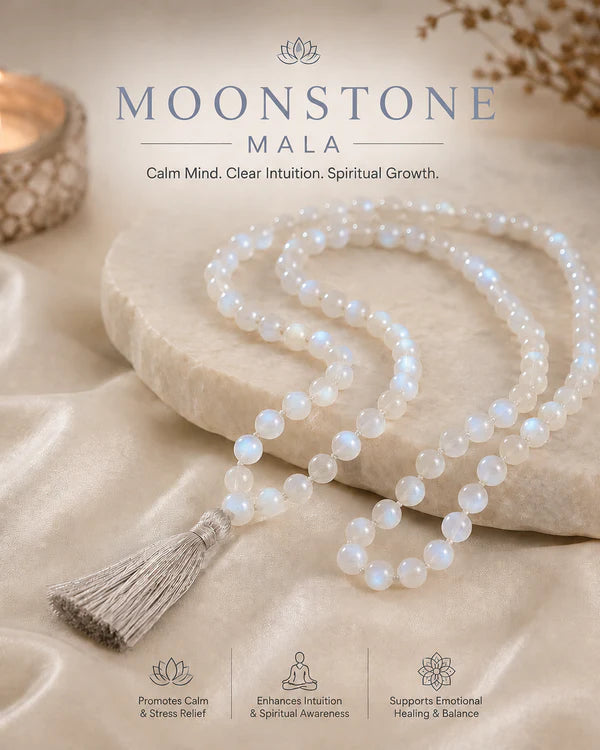 100% Natural Rainbow Moonstone Crystal Mala (108 Beads) | Certified Gemstone Japa Mala for Meditation, Mantra Chanting & Spiritual Practice