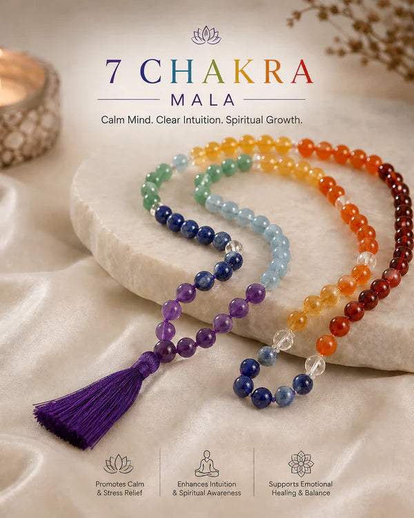 100% Natural 7 Chakra Crystal Mala (108 Beads) | Certified Gemstone Japa Mala for Meditation, Yoga & Spiritual Practice