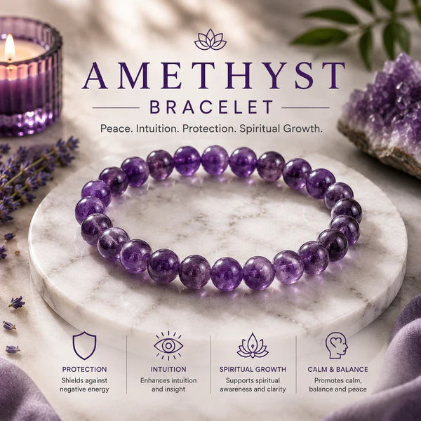 100% Natural Amethyst Crystal Bracelet | Premium Gemstone Bracelet for Meditation, Calmness & Spiritual Growth
