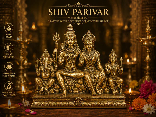 Handcrafted Brass Shiv Family Statue with Parvati, Ganesha & Kartikeya