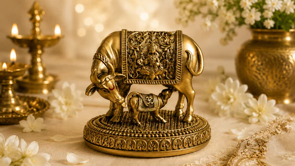 Premium Pure Brass Kamdhenu Cow & Calf Idol for Home Mandir