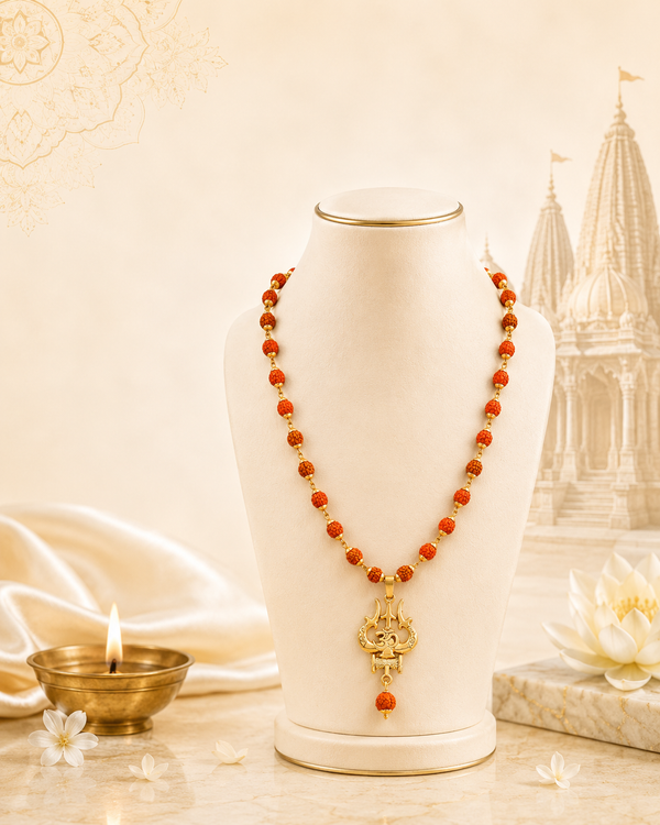 Gold Capped Rudraksha Mala with Trishul Damroo and 5 Mukhi Rudraksha