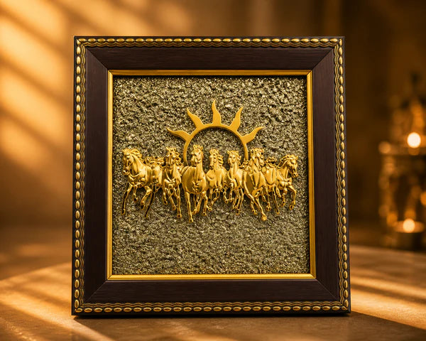 7 Running Horses Raw Pyrite Frame with Surya Symbol | Premium Vastu Wall Frame for Home, Office & Spiritual Décor