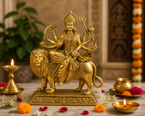Brass Statue of MATA Sherawali Maa Durga on Lion Idol Murti Durga Maa Idol