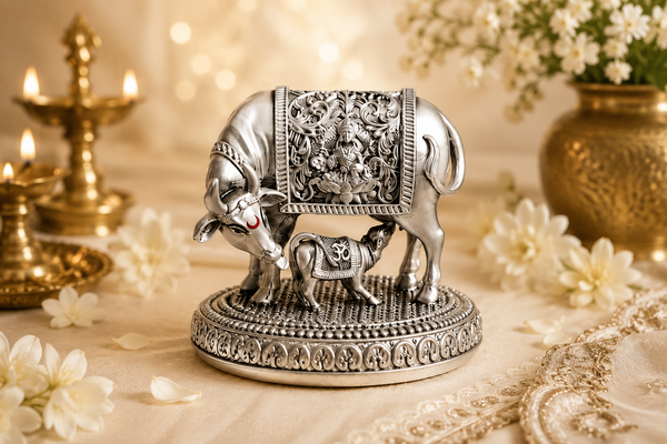 Kamdhenu Cow & Calf Idol German silver