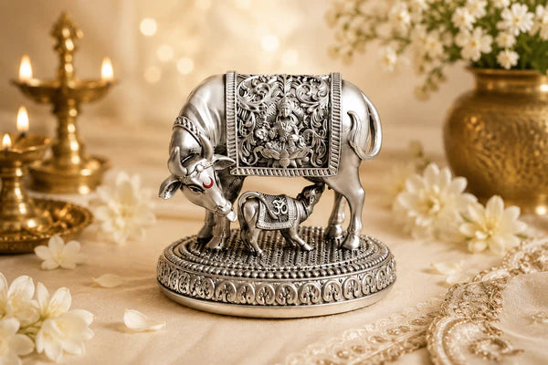 Kamdhenu Cow & Calf Idol German silver