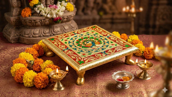 Traditional Wooden Pooja Chowki (Chaurang) | Decorative Temple Chowki for Pooja & Religious Rituals